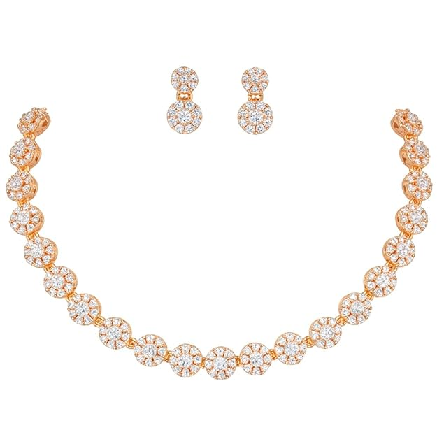Nilu's Collection Rose Gold Plated | American Diamond Stone Studded | Anti Tarnish Jewellery Set for Women and Girls | Matching Earrings | Perfect for Weddings and Special Occasions