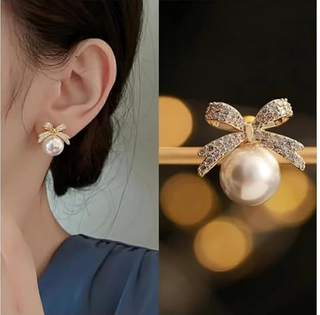 TRENDY Korean Style Fashion Earrings Set, Pearl and Crystal Bow Design, Women's Jewellery Accessories, 2 Pairs - Image 4