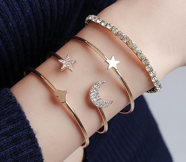 Fashion Frill Bracelet For Women Star Moon Design AD Studded Multi Layered Gold Plated Cuff Bangle Bracelet For Women Girls Stackable Bracelet Womens Jewellery - Image 3