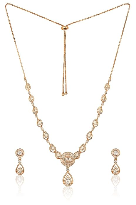 Nilu's Collection Stylish 18k Rose Gold Plated American Diamond Chain Pendent Necklace & Earrings Set for Women | Luxury AD Pendant Gift Set for Women (Premium Set 1)