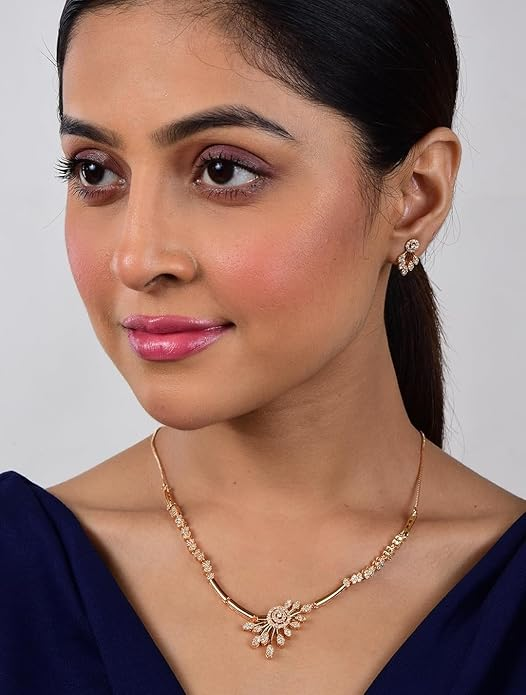 Nilu's Collection Rose Gold Plated AD Stone Jewellery Set for Women, Girls | Special Ocassion, Wedding, Engagement, Dating | Anti Tarnish | Anti Allergy | Necklace and Earring Set | Gift for Her - Image 3