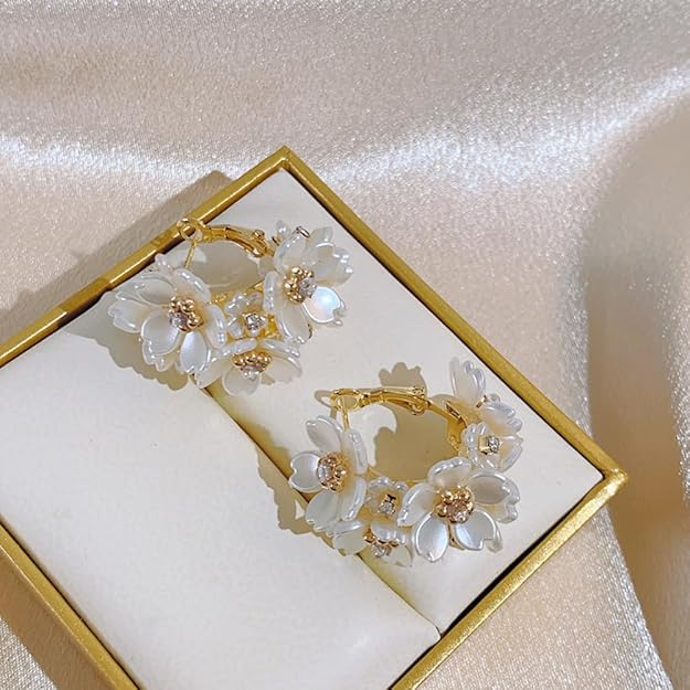 Shining Diva Fashion Latest Sweet Romantic Elegant White Flower Hoop Earrings | Stylish Shell Resin Delicate Pearl Flower Zircon Earrings | Trendy Versatile Jewellery | Light Exquisite Luxury Jewellery - Image 2