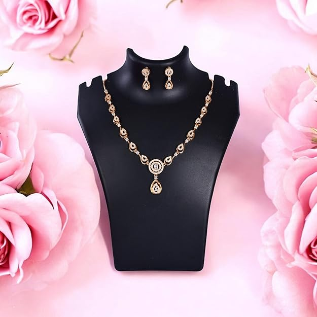Nilu's Collection Stylish 18k Rose Gold Plated American Diamond Chain Pendent Necklace & Earrings Set for Women | Luxury AD Pendant Gift Set for Women (Premium Set 1) - Image 2