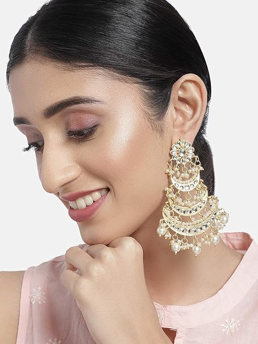 Jewels 3 Layered Beaded ChandbJewels 3 Layered Beaded Chandbali Earrings with Kundan and Pearl Work for Women (E2859-1ali Earrings with Kundan and Pearl Work for Women (E2859-1 - Image 2