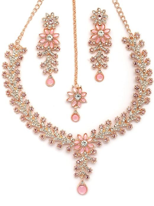 Sukkhi Charming AD Diamonds Studded Floral Choker Necklace with Danlge Earrings Maangtikka Jewellery Set for Women & Girls - Image 4