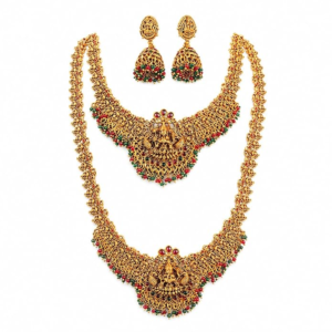 Bridal Temple Jewelry Set for Women – Gold Plated Long & Short Necklace Combo with Goddess Lakshmi Design & Jhumka Earrings | Traditional Wedding Jewelry