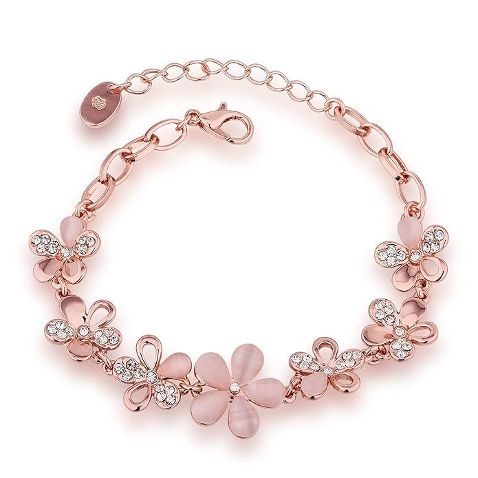 Okos Rose Gold Plated Pink Flowers Link Chain Adjustable Size Charm Alloy Bracelet Decorated With Crystals for Girls & Women BROK1000009 - Image 3