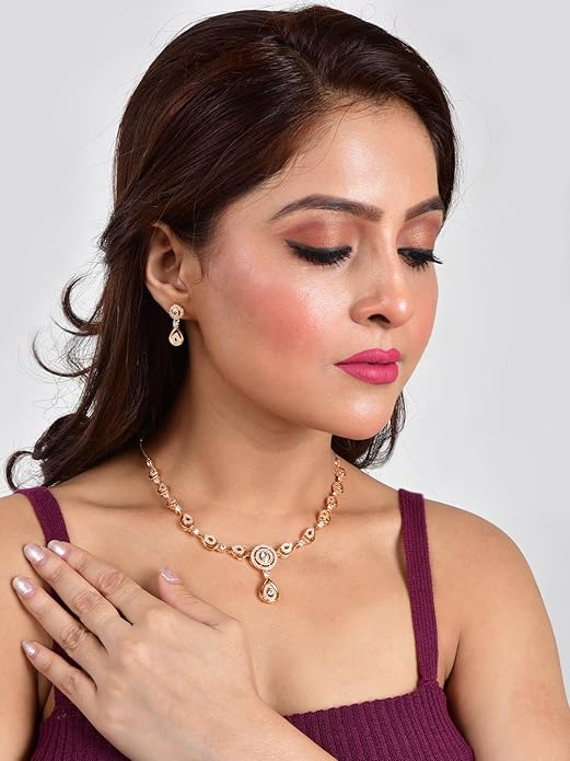 Nilu's Collection Stylish 18k Rose Gold Plated American Diamond Chain Pendent Necklace & Earrings Set for Women | Luxury AD Pendant Gift Set for Women (Premium Set 1) - Image 3