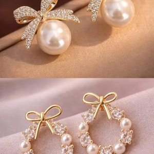 TRENDY Korean Style Fashion Earrings Set, Pearl and Crystal Bow Design, Women's Jewellery Accessories, 2 Pairs