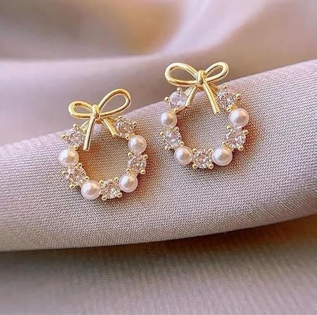 TRENDY Korean Style Fashion Earrings Set, Pearl and Crystal Bow Design, Women's Jewellery Accessories, 2 Pairs - Image 2