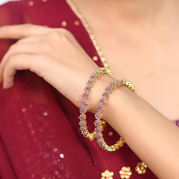 Ratnavali Jewels American Diamond CZ Studded Gold Plated Red Green Bangles for Women - Image 4