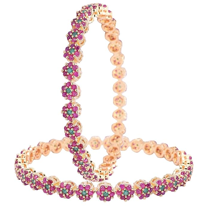 Ratnavali Jewels American Diamond CZ Studded Gold Plated Red Green Bangles for Women