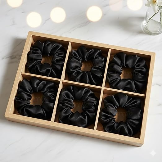 Cerrito Satin Hair Scrunchies for Women & Girls, Soft, No-Crease, Gentle Hair Ties for Thick, Curly, Straight, Smooth Silk-Feel Elastic Scrunchy Set for Styling (Black - 6 Pcs, No Box Include)