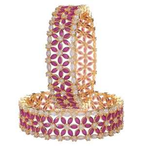 RATNAVALI JEWELS Beautiful CZ Studded Gold Plated Traditional Red Ruby White Heavy Kada Bangles Set for Women RV2948R