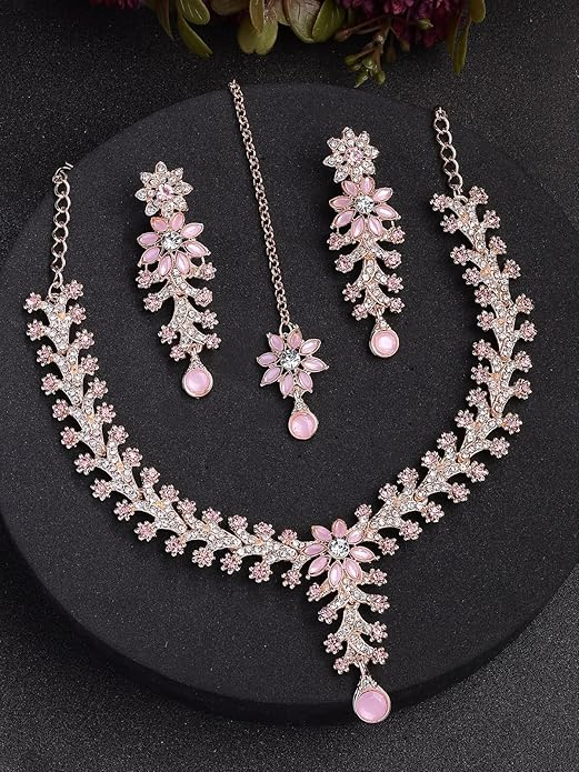 Sukkhi Charming AD Diamonds Studded Floral Choker Necklace with Danlge Earrings Maangtikka Jewellery Set for Women & Girls - Image 2