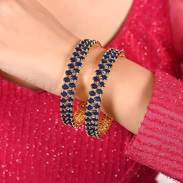 Ratnavali Jewels Brass Gold Plated and Cubic Zirconia Bangle for Women Blue - Image 5